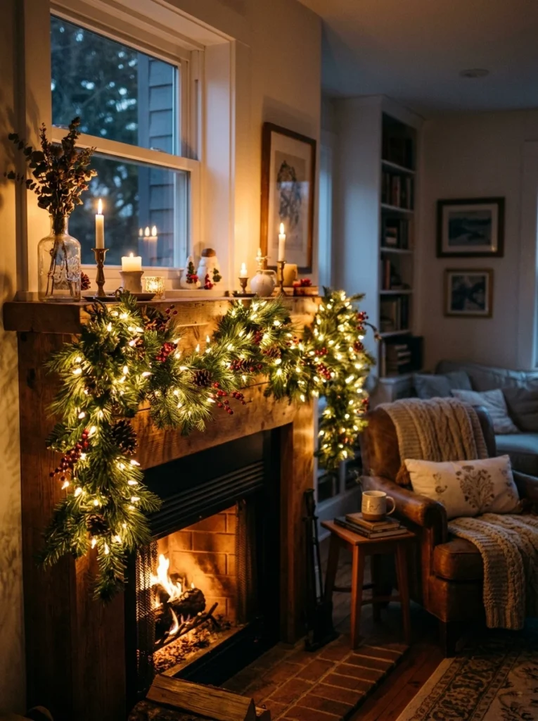 Warm string lights woven into garlands