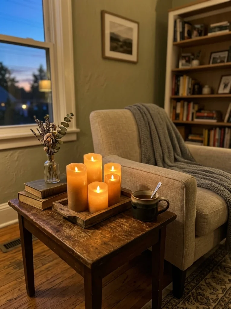 Battery candles clustered on side tables