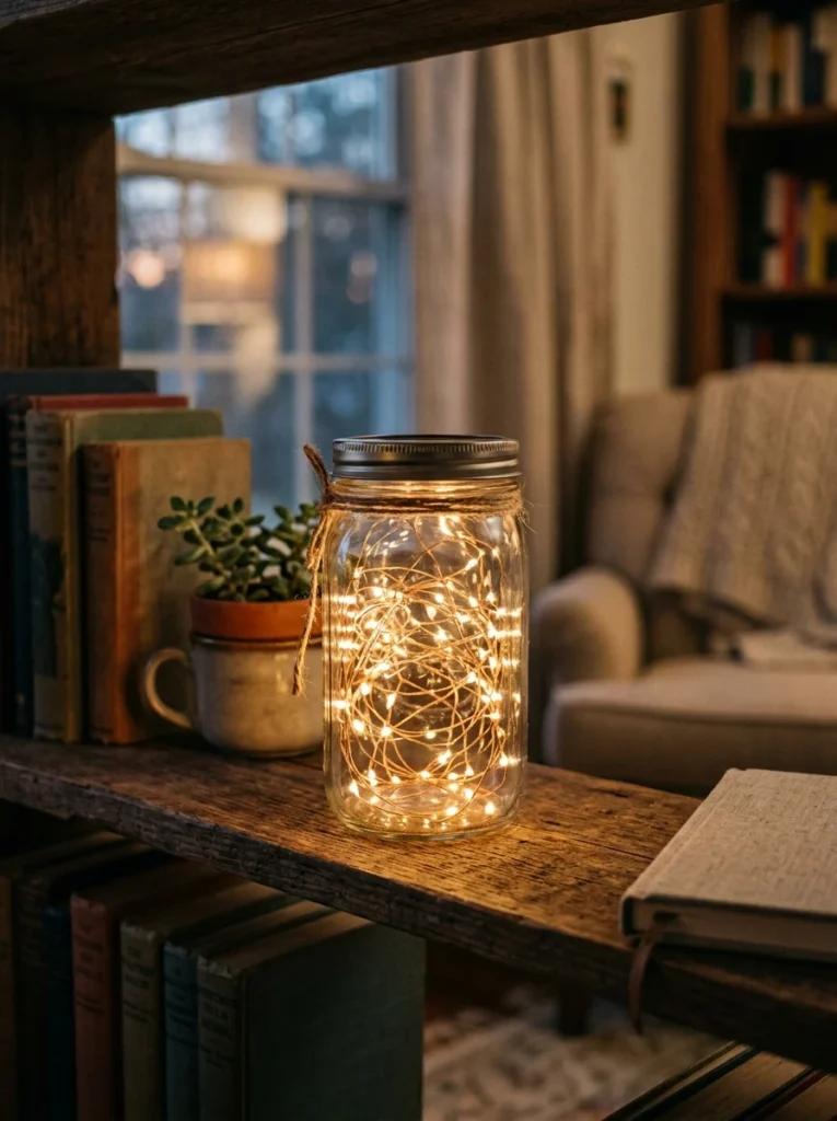 String lights in glass jars