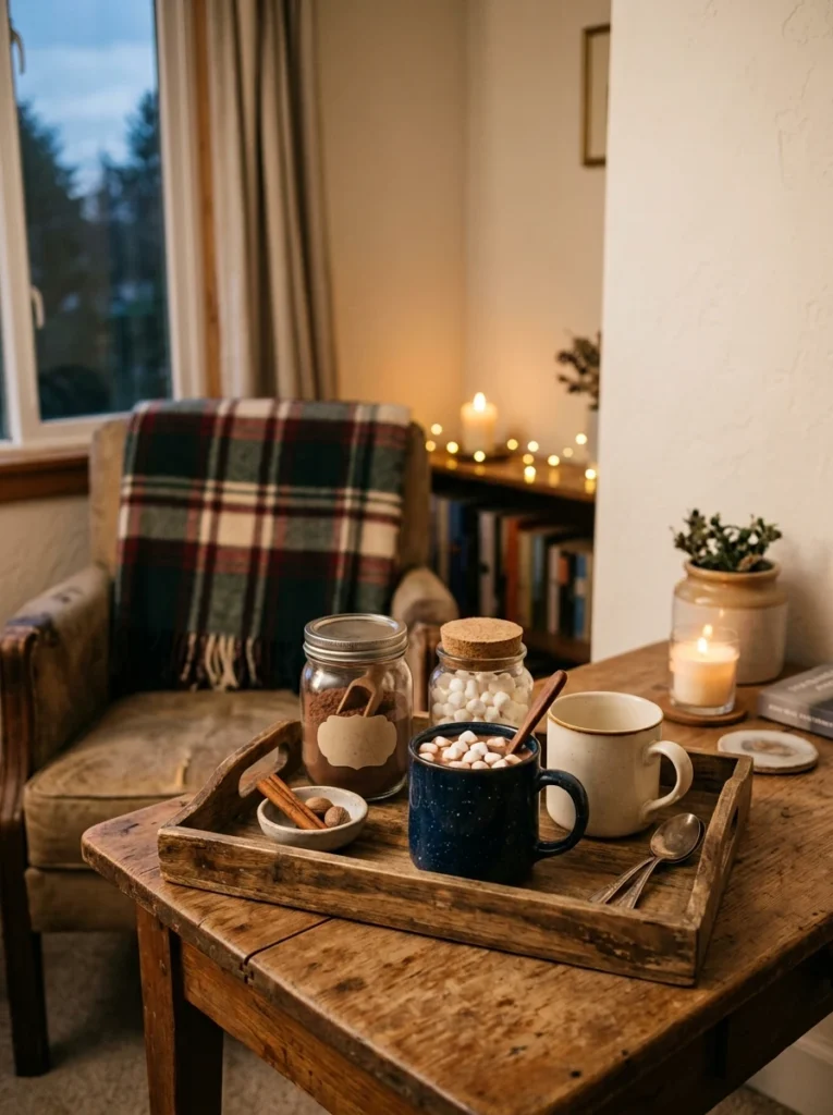 A cozy corner with a hot cocoa setup