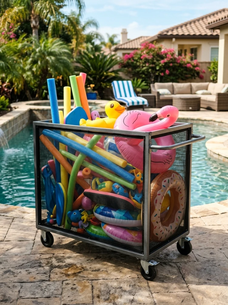 A rolling mesh storage bin for floats