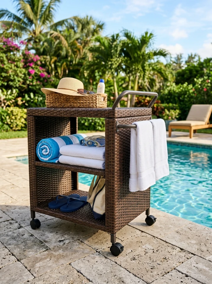 A rolling rattan-style cart with towel bars