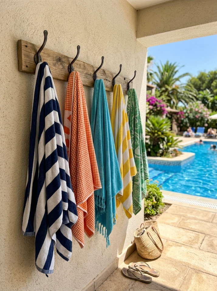 A wall-mounted hook rack near the pool exit