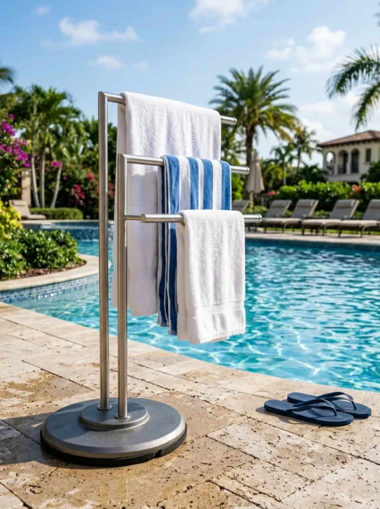 A metal towel rack with a water-fillable base