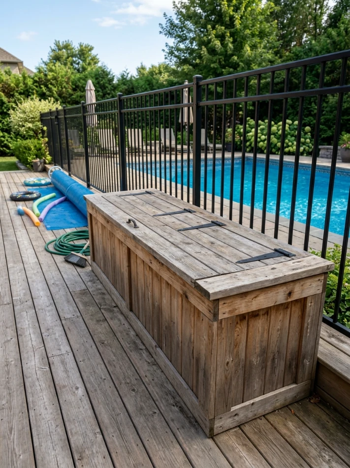 A built-in deck box along the pool fence