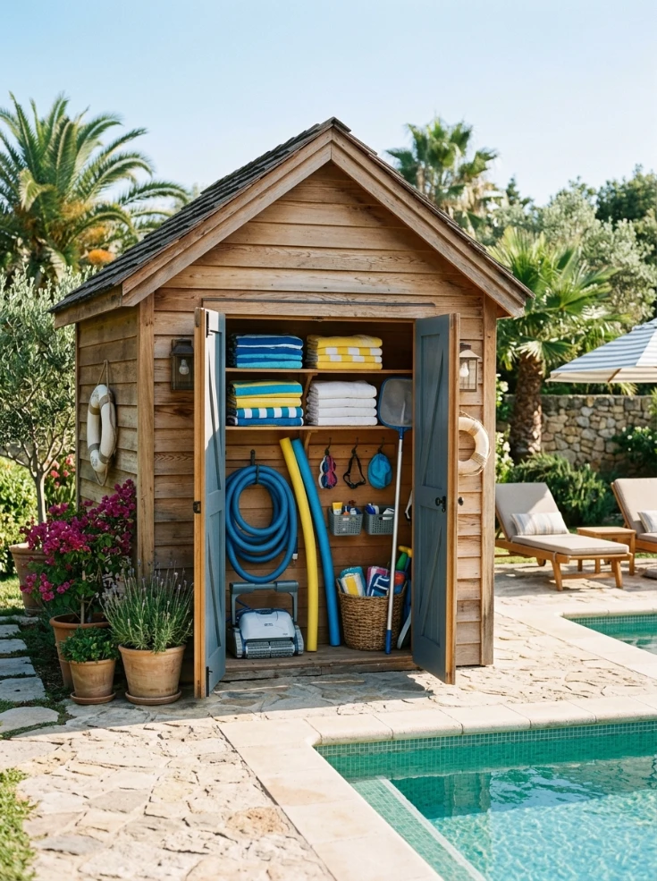 A cabana or shed dedicated to pool gear