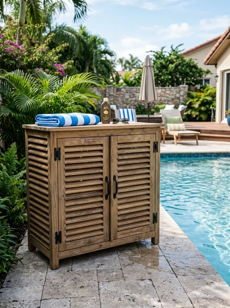A poolside cabinet with slatted doors