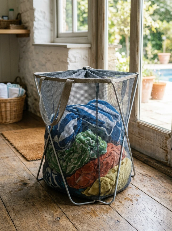 A mesh laundry hamper for wet towels