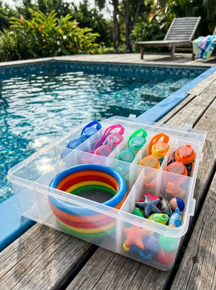 Clear bins for small pool accessories