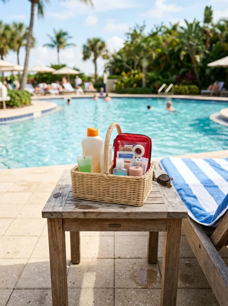 A sunscreen and first aid caddy