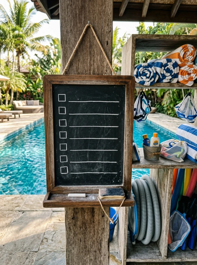 A chalkboard or laminated checklist by the door