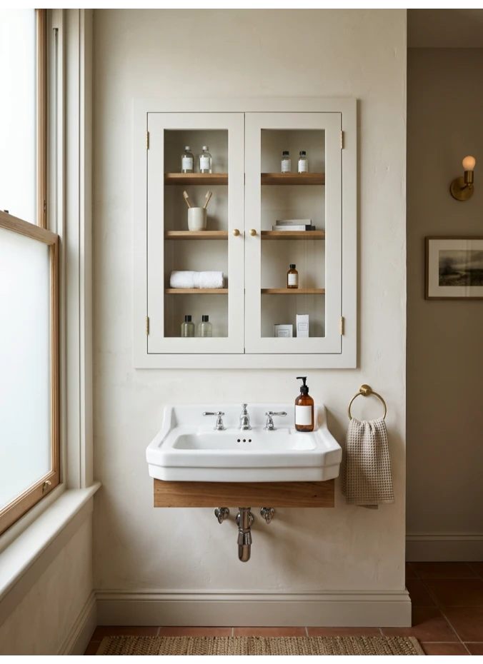 A recessed medicine cabinet above the sink