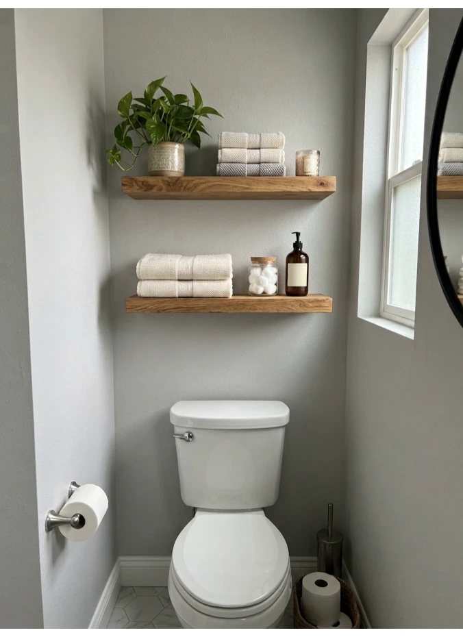 Floating shelves above the toilet