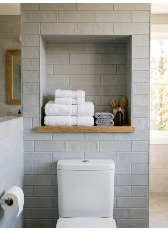 A recessed niche above the toilet