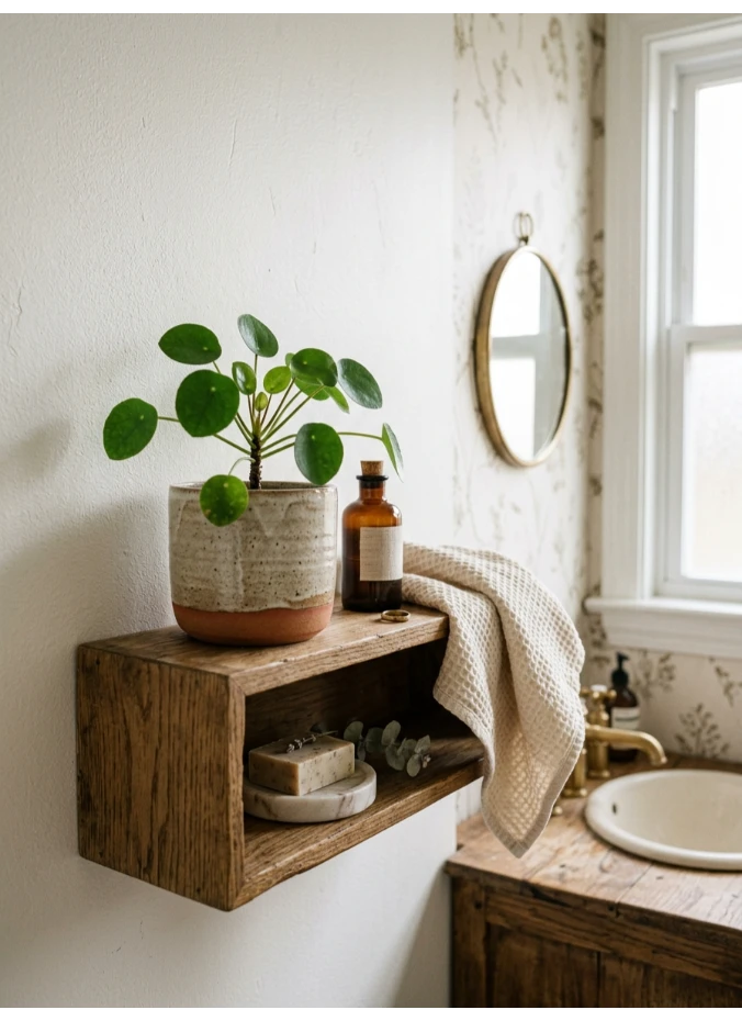 A small potted plant on a shelf