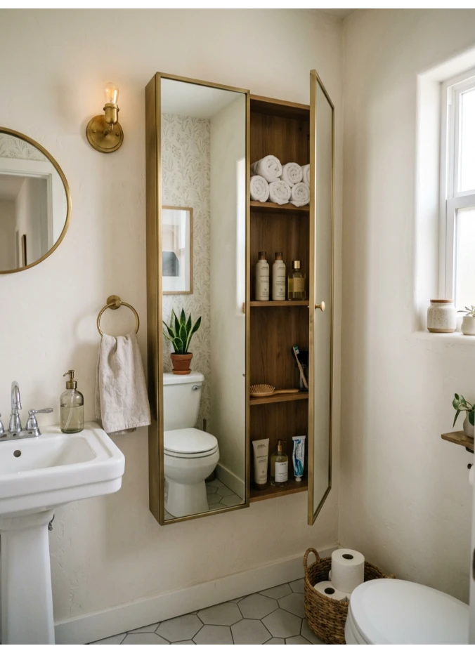A slim cabinet with a mirrored front