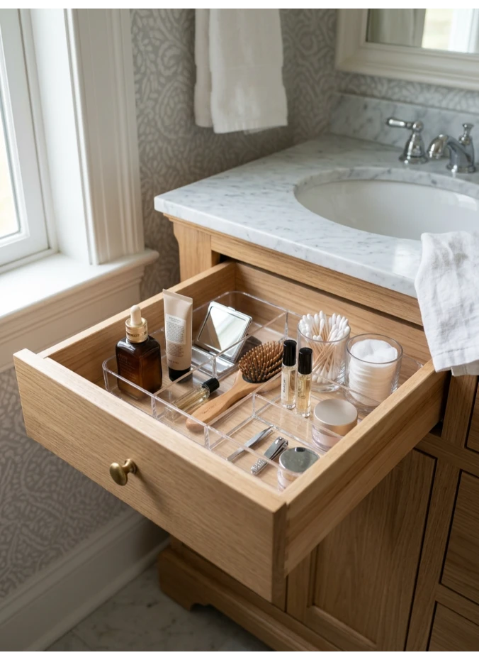 A small drawer organizer inside the vanity