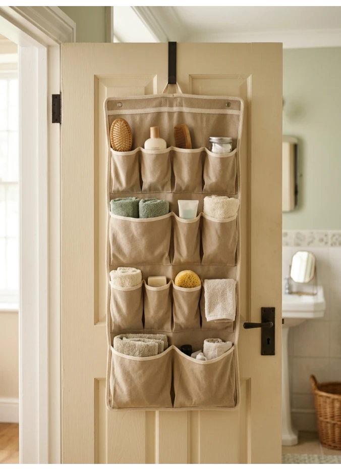 A hanging fabric organizer on the back of the door