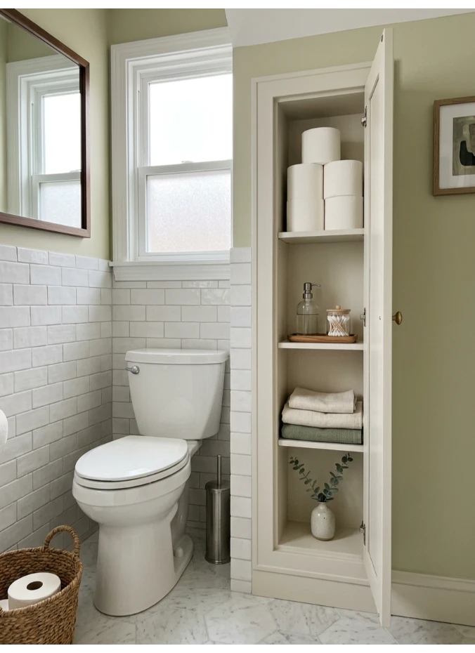 A shallow built-in cabinet beside the toilet