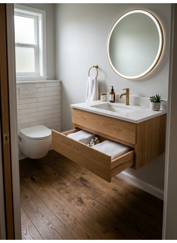 A floating vanity with storage underneath