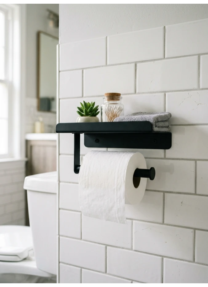 A wall-mounted toilet paper holder with a shelf