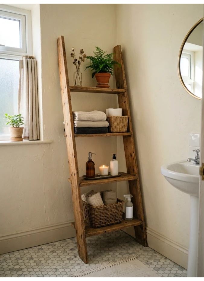 A ladder shelf leaned into a corner