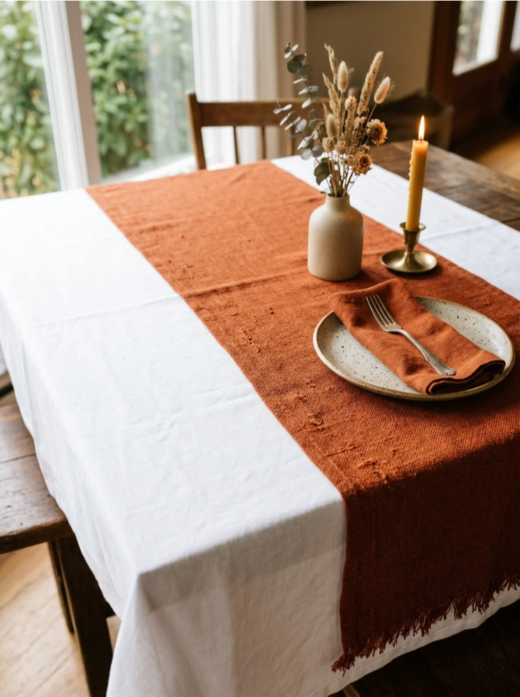 A rust-colored table runner over white linen