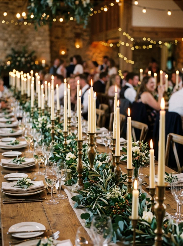 Mismatched brass candlesticks with tall taper candles