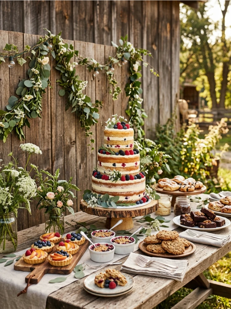 A rustic dessert table backdrop