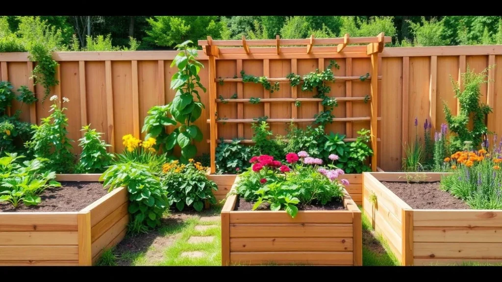 Cedar raised garden beds in a backyard vegetable garden