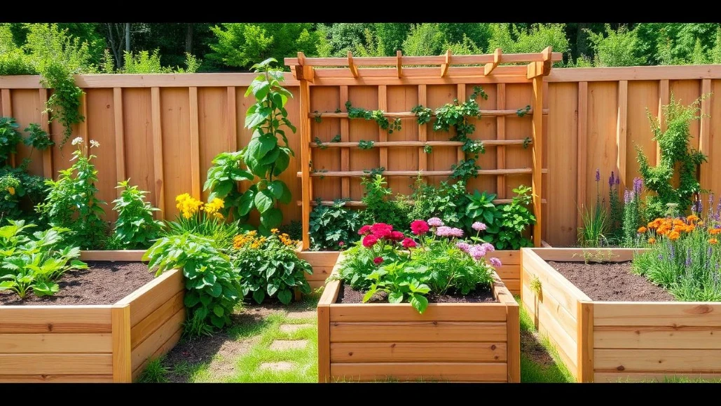Cedar raised garden beds in a backyard vegetable garden