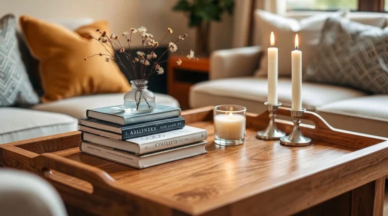 Styled coffee table tray with candles, books, and a vase