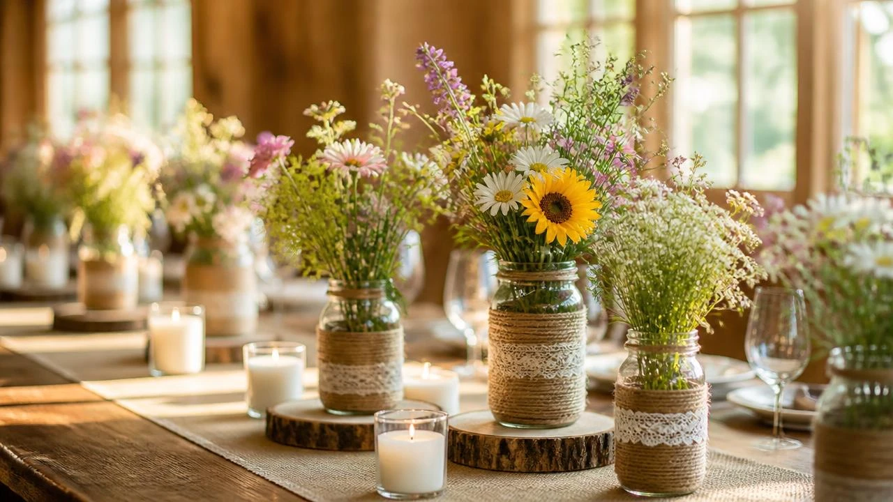 DIY mason jar centerpieces with wildflowers and twine wraps