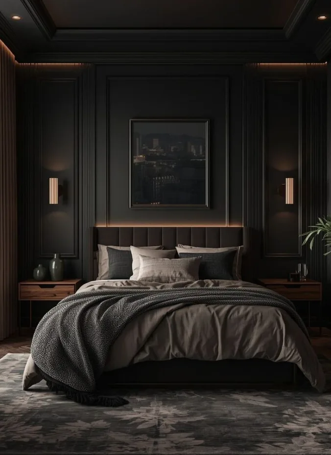 Bedroom with deep charcoal accent wall behind a styled bed