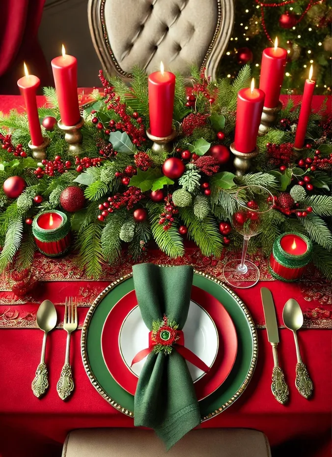 Classic red and green Christmas table place setting with white plates