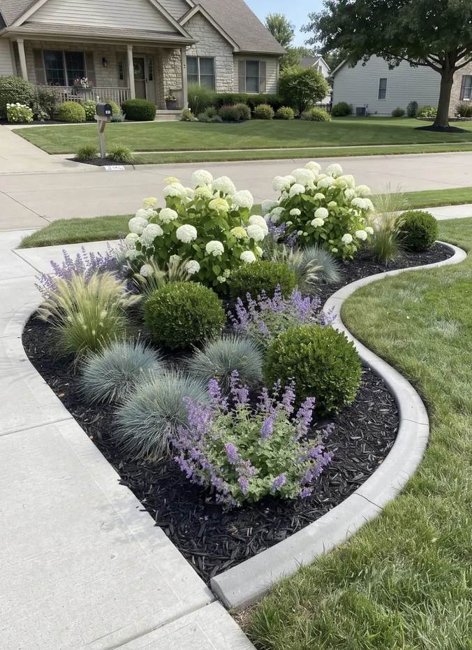 Curved flower bed with dark edging along a front walkway