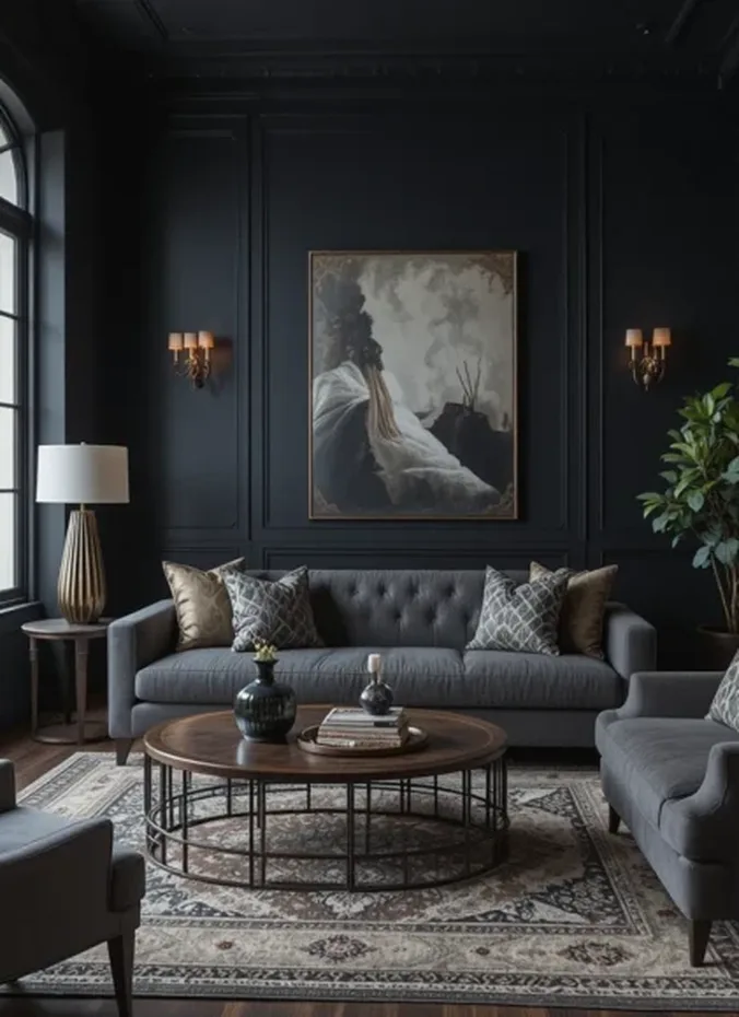Dark charcoal accent wall in a moody living room