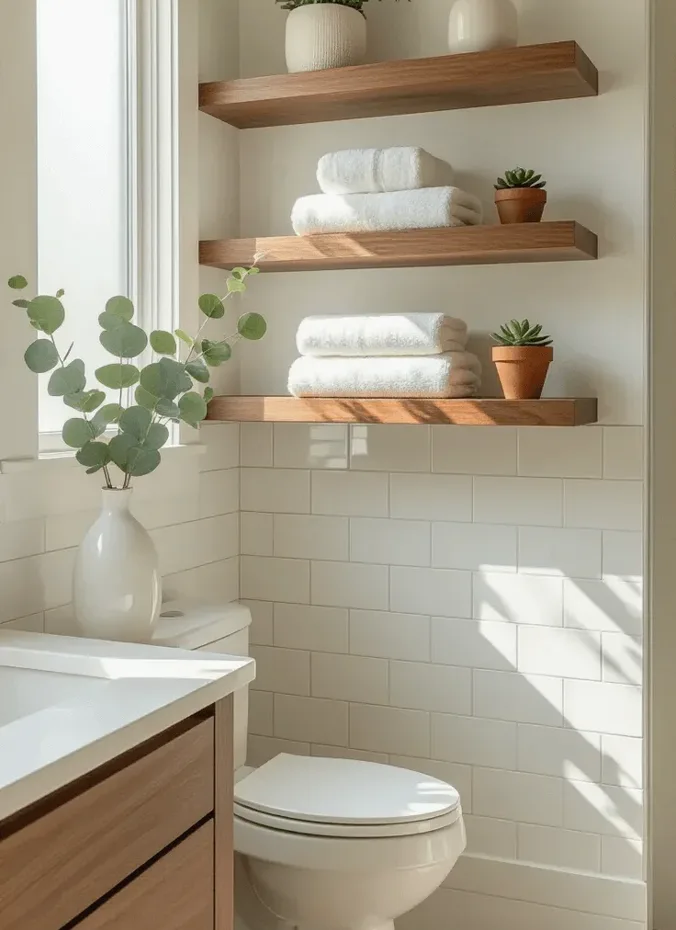 Two wooden floating shelves above a toilet holding folded towels and baskets