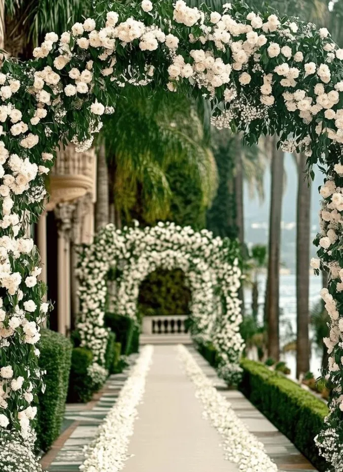 Flower arch covered in greenery and soft blooms marking a wedding aisle entrance
