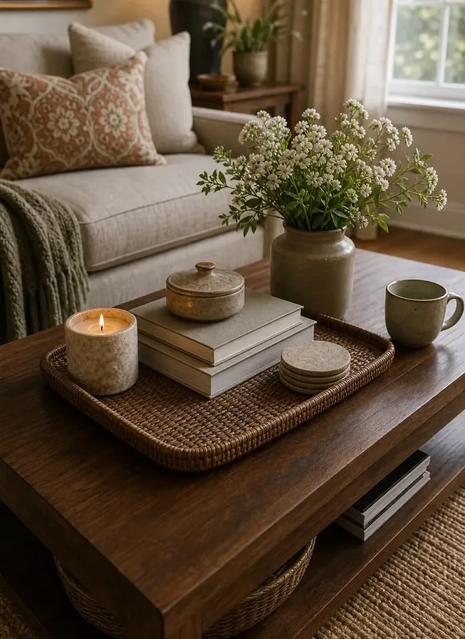Wooden tray styled with candles and books on a coffee table