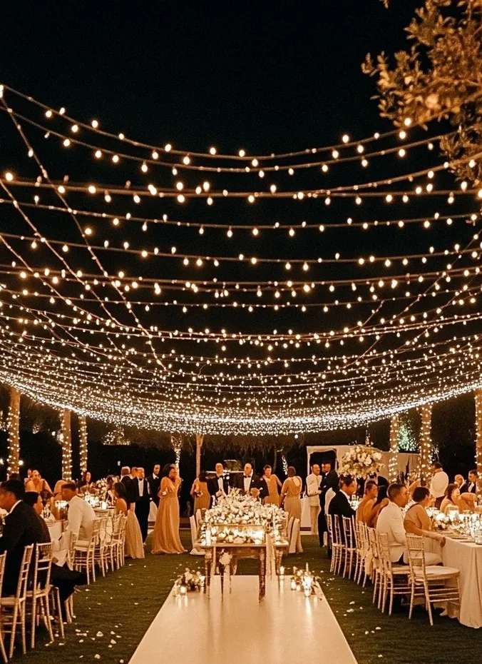 Overhead string lights glowing above a backyard wedding reception at dusk
