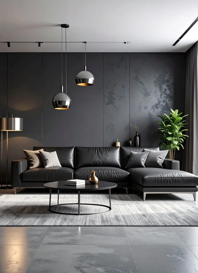 Charcoal gray sofa styled in a moody living room