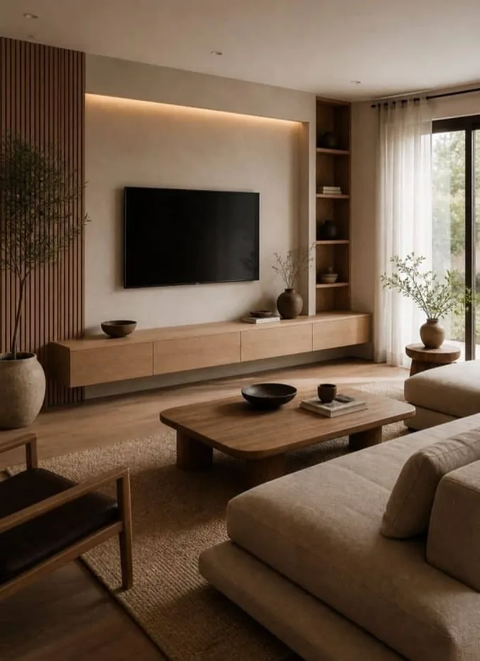 Flat screen television mounted above a wooden console table styled with books and a plant