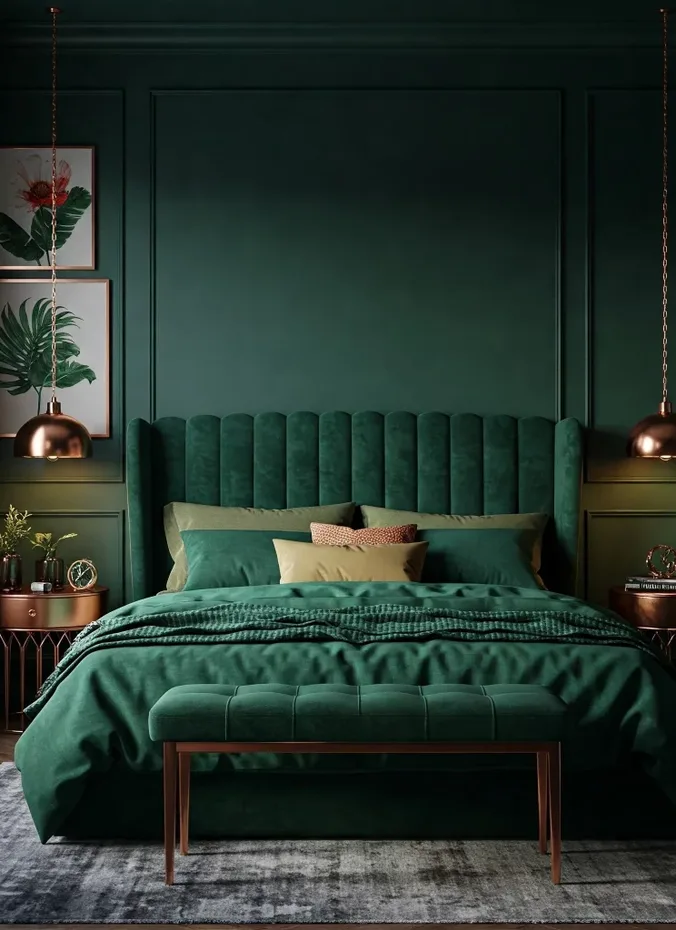 Bed dressed in emerald green velvet bedding with layered pillows