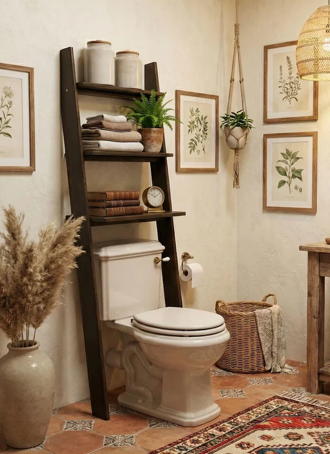 Ladder style etagere shelf standing over a toilet with towels and plants