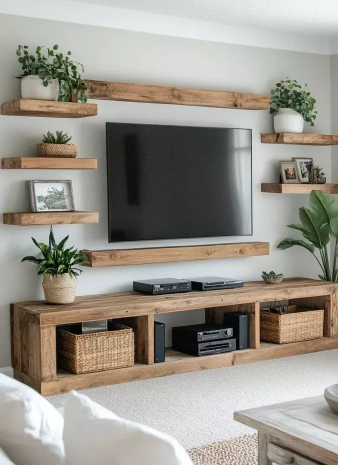 Wooden floating shelves on both sides of a wall mounted television with plants and frames