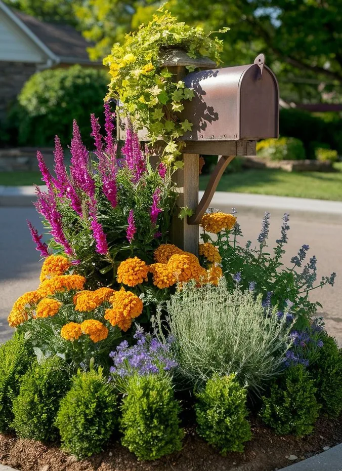 Flowers planted in a ring around a mailbox post