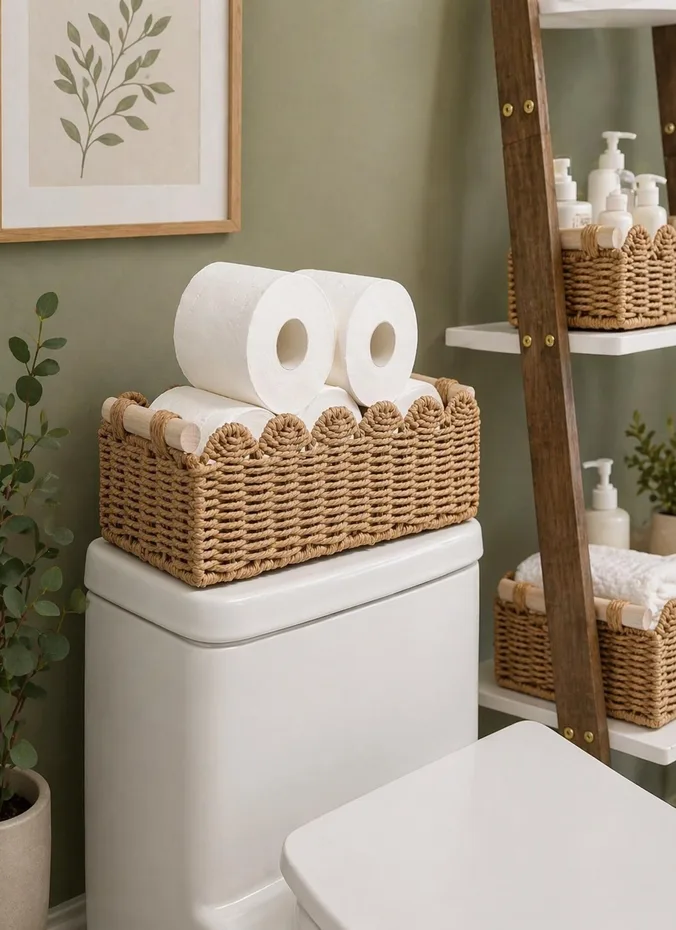 Woven seagrass baskets lined up on top of a white toilet tank