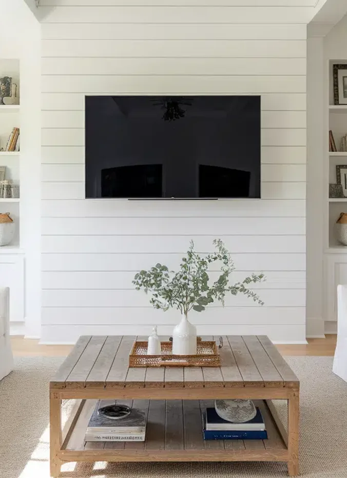 White shiplap accent wall with a television mounted in the center of a cozy living room
