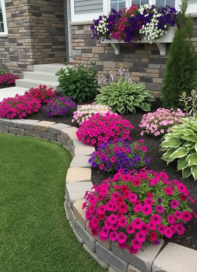 Flower bed with a natural stone border